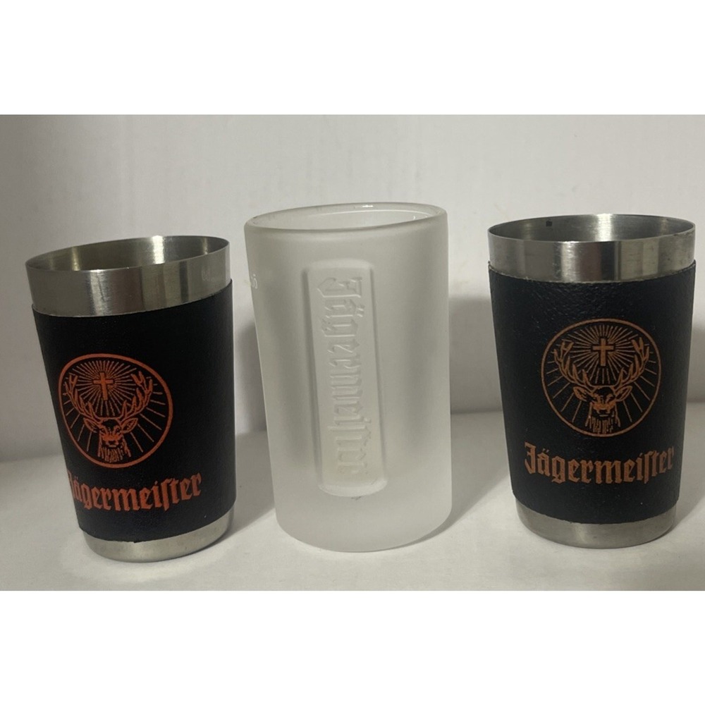 Lot Of‎ 3 JAGERMEISTER Shot Glasses Faux Leather Wrapped And Frosted